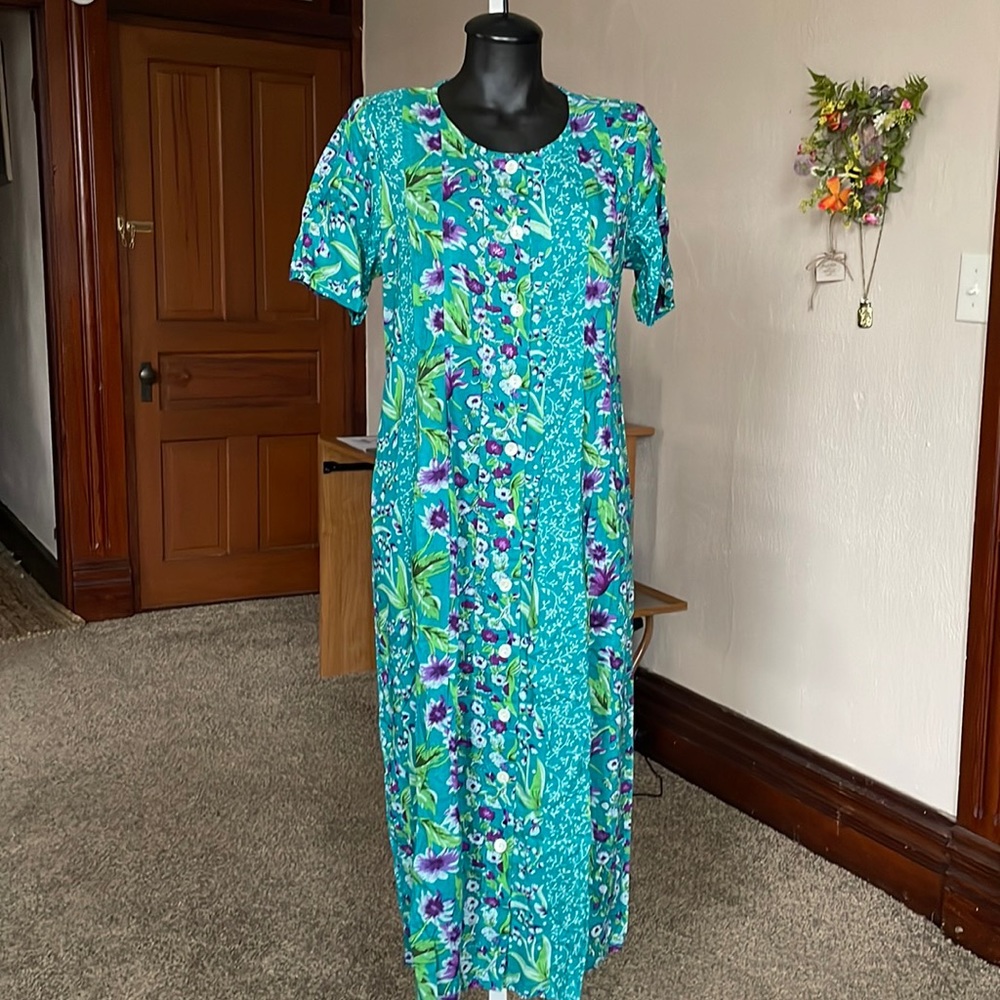 NEW Shirt Dress Buttons La Cera Medium Rayon Maxi Teal/ Purple Floral Pockets